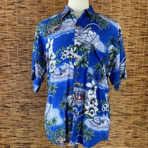 Vtg Island Planet Blue Beach Scenes Hawaiian Shirt